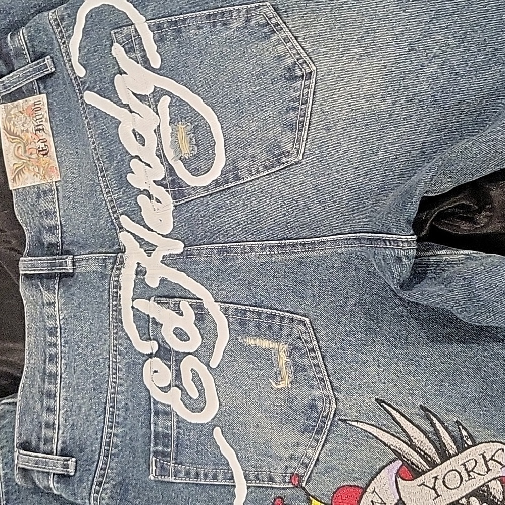 ED HARDY AUTHENTIC Embroidery Skull Painted Logo Jeans Size 30 - Picture 3 of 10
